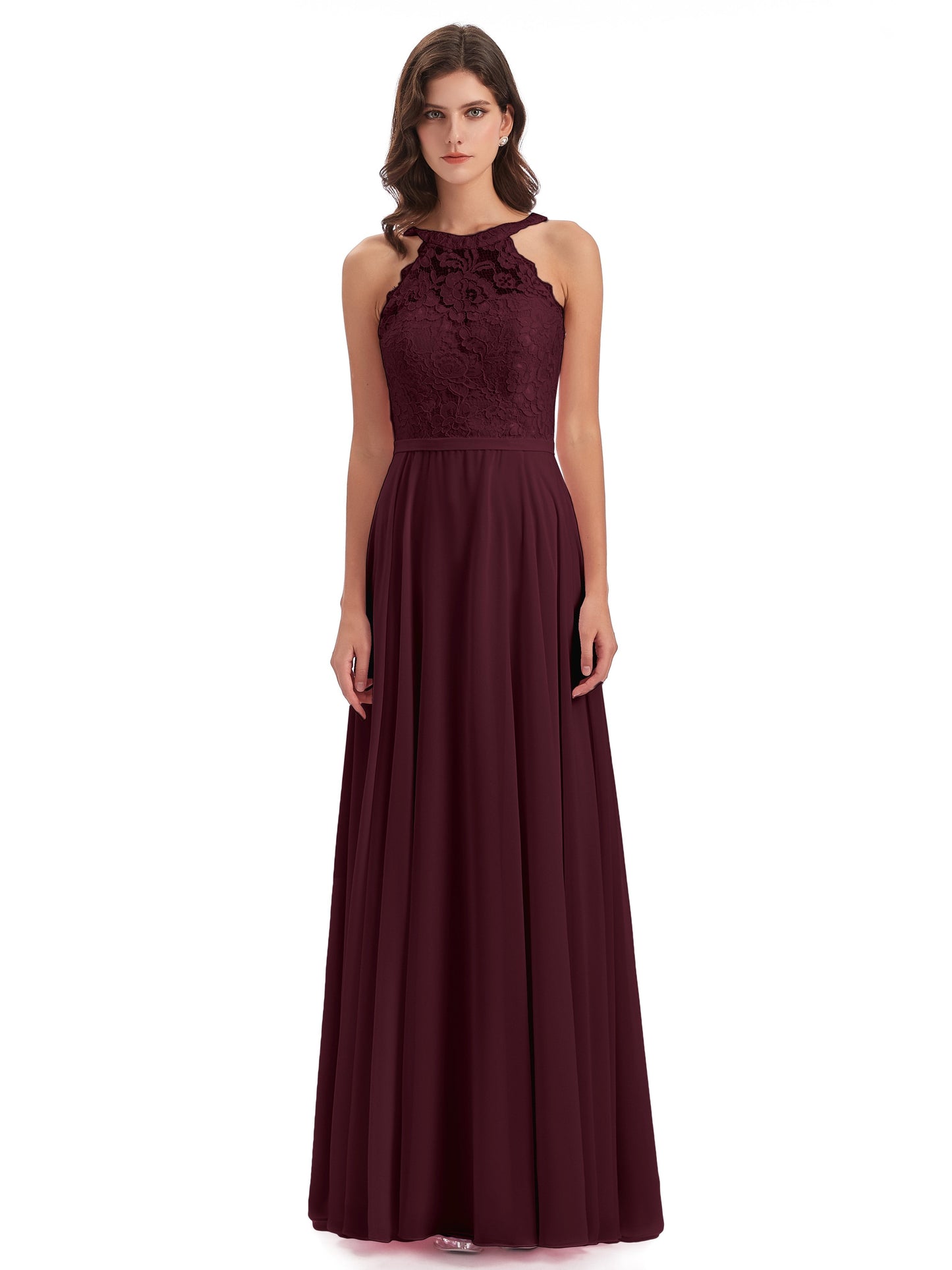 Avery Halter Illusion Lace Long Bridesmaid Dresses