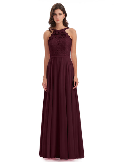 Avery Halter Illusion Lace Long Bridesmaid Dresses