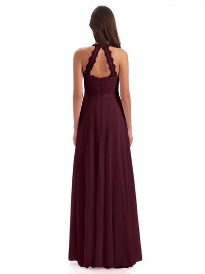 Avery Halter Illusion Lace Long Bridesmaid Dresses