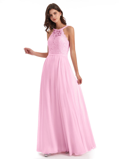 Avery Halter Illusion Lace Long Bridesmaid Dresses