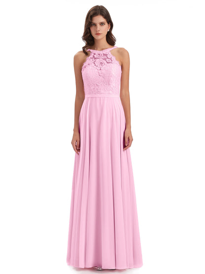 Avery Halter Illusion Lace Long Bridesmaid Dresses