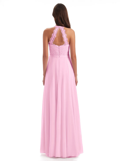 Avery Halter Illusion Lace Long Bridesmaid Dresses