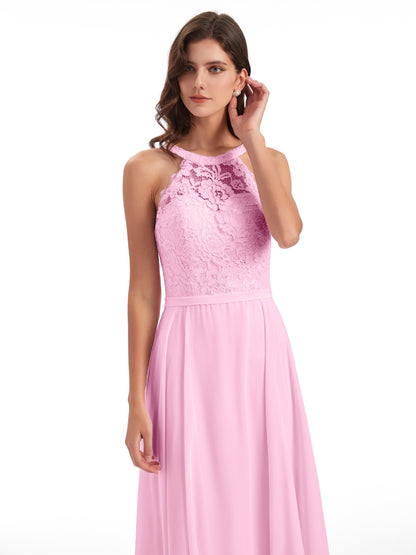 Avery Halter Illusion Lace Long Bridesmaid Dresses