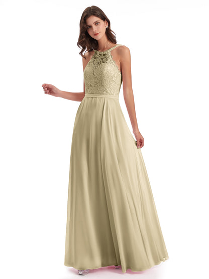 Avery Halter Illusion Lace Long Bridesmaid Dresses
