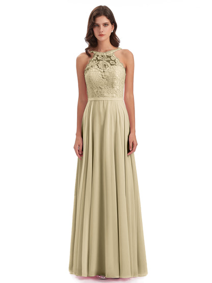 Avery Halter Illusion Lace Long Bridesmaid Dresses