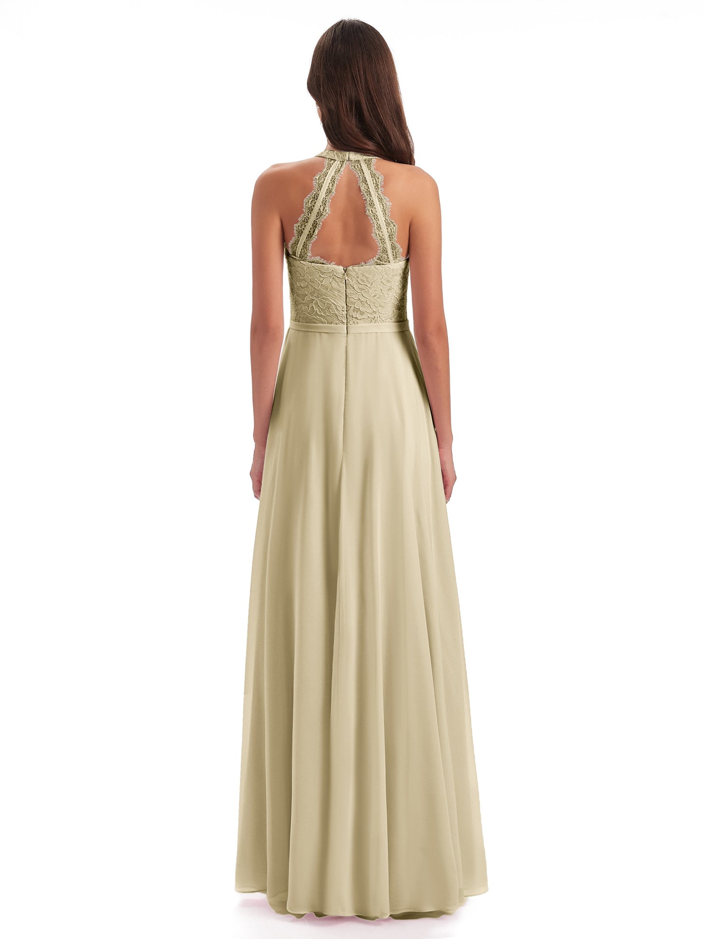 Avery Halter Illusion Lace Long Bridesmaid Dresses