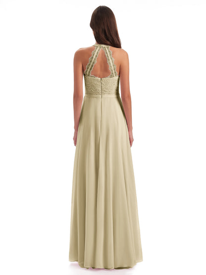 Avery Halter Illusion Lace Long Bridesmaid Dresses