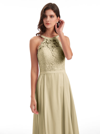 Avery Halter Illusion Lace Long Bridesmaid Dresses