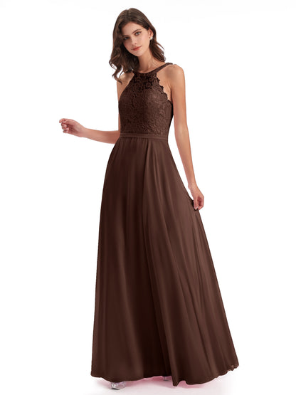 Avery Halter Illusion Lace Long Bridesmaid Dresses