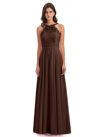 Avery Halter Illusion Lace Long Bridesmaid Dresses