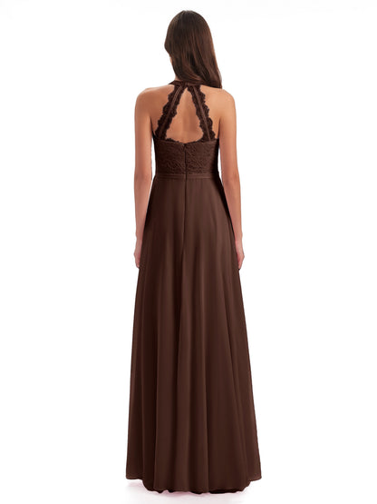 Avery Halter Illusion Lace Long Bridesmaid Dresses