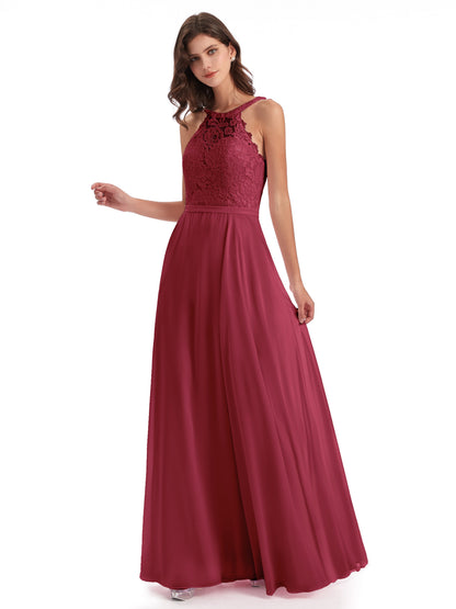 Avery Halter Illusion Lace Long Bridesmaid Dresses