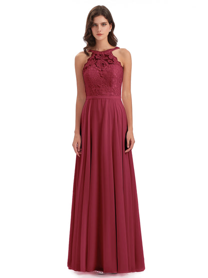 Avery Halter Illusion Lace Long Bridesmaid Dresses