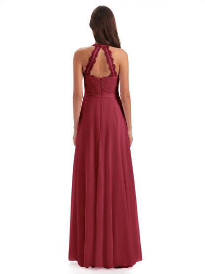Avery Halter Illusion Lace Long Bridesmaid Dresses
