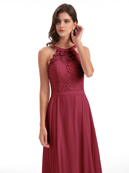 Avery Halter Illusion Lace Long Bridesmaid Dresses