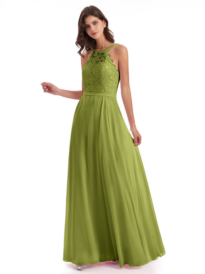 Avery Halter Illusion Lace Long Bridesmaid Dresses