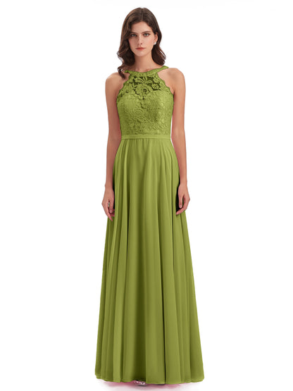 Avery Halter Illusion Lace Long Bridesmaid Dresses