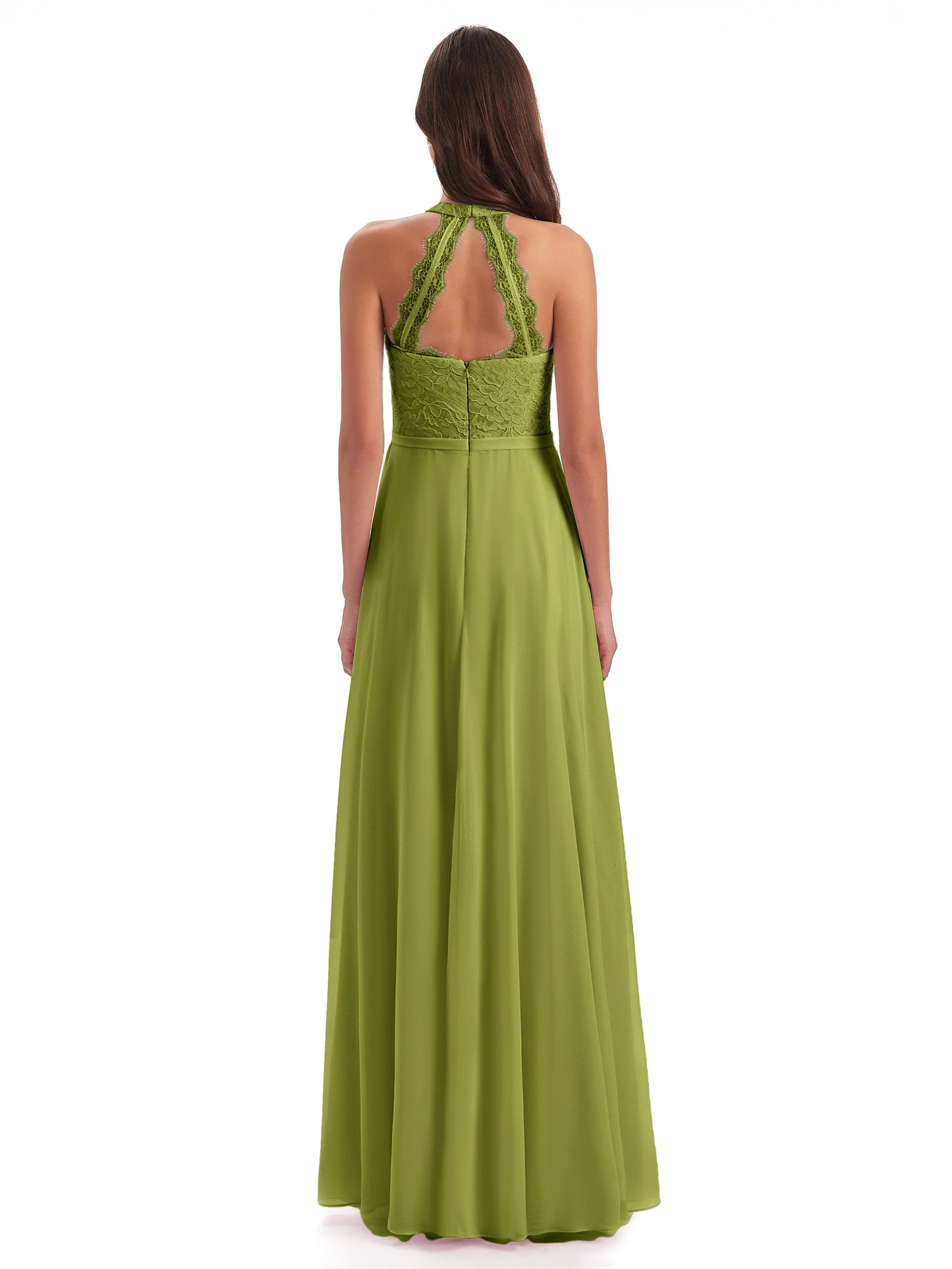 Avery Halter Illusion Lace Long Bridesmaid Dresses