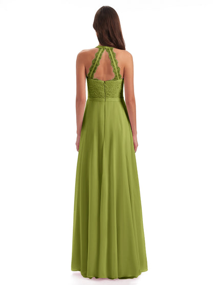 Avery Halter Illusion Lace Long Bridesmaid Dresses