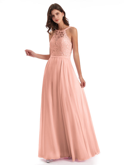 Avery Halter Illusion Lace Long Bridesmaid Dresses