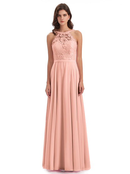 Avery Halter Illusion Lace Long Bridesmaid Dresses