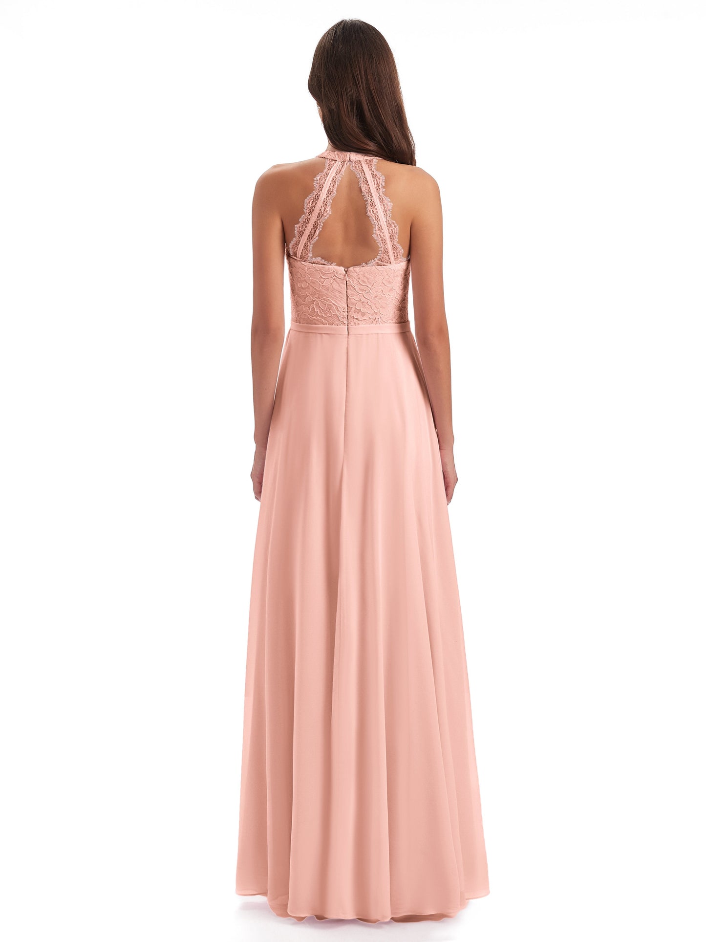 Avery Halter Illusion Lace Long Bridesmaid Dresses