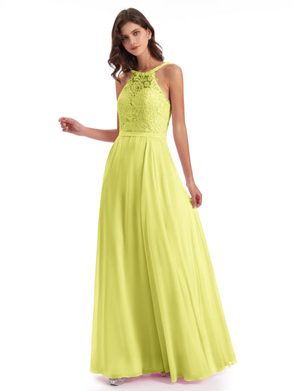 Avery Halter Illusion Lace Long Bridesmaid Dresses