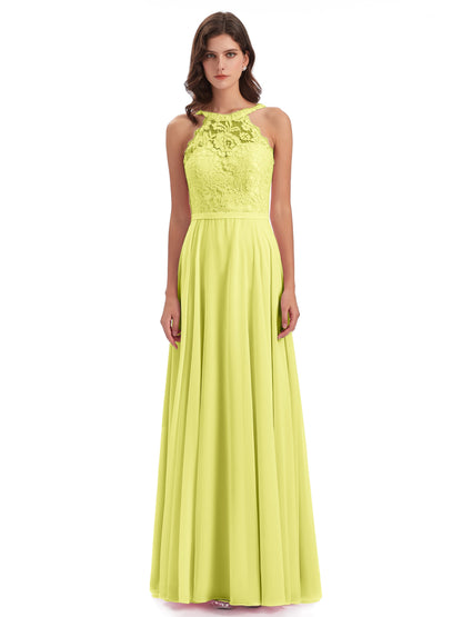 Avery Halter Illusion Lace Long Bridesmaid Dresses