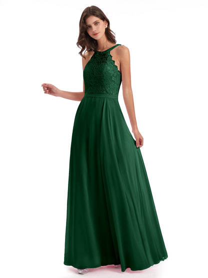 Avery Halter Illusion Lace Long Bridesmaid Dresses