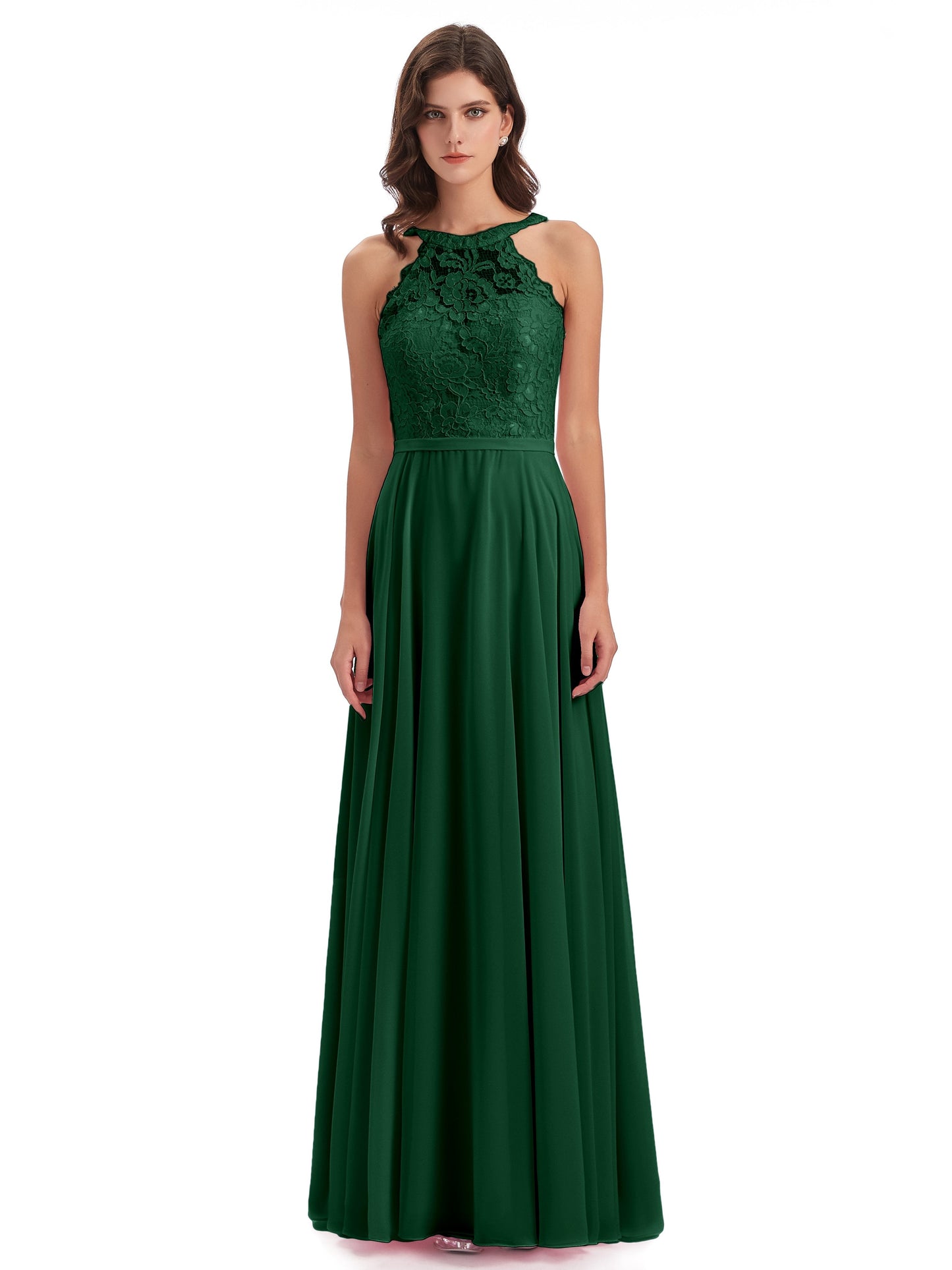 Avery Halter Illusion Lace Long Bridesmaid Dresses