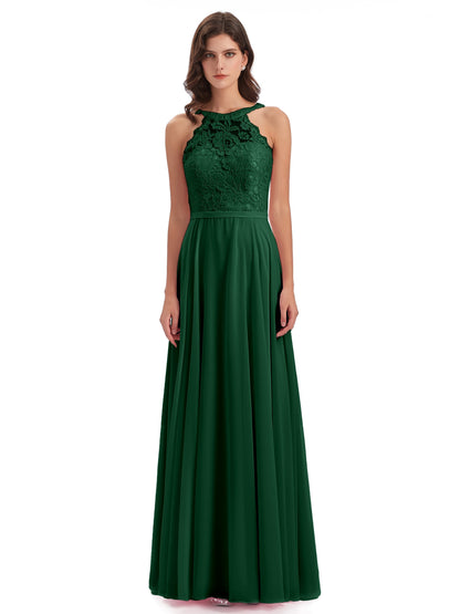 Avery Halter Illusion Lace Long Bridesmaid Dresses