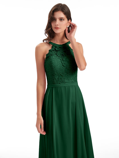 Avery Halter Illusion Lace Long Bridesmaid Dresses