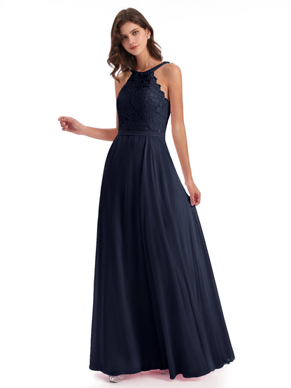 Avery Halter Illusion Lace Long Bridesmaid Dresses