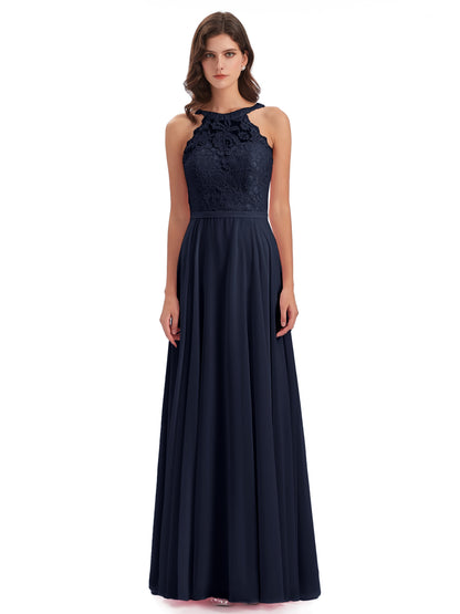 Avery Halter Illusion Lace Long Bridesmaid Dresses