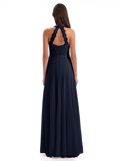 Avery Halter Illusion Lace Long Bridesmaid Dresses