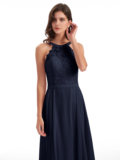 Avery Halter Illusion Lace Long Bridesmaid Dresses