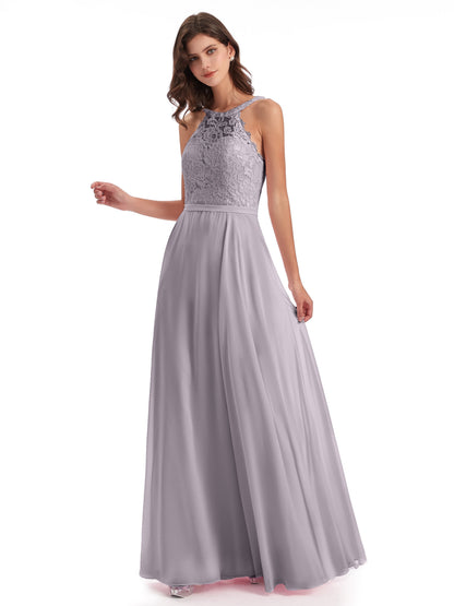 Avery Halter Illusion Lace Long Bridesmaid Dresses