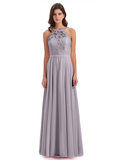 Avery Halter Illusion Lace Long Bridesmaid Dresses