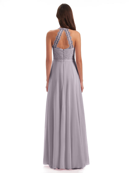Avery Halter Illusion Lace Long Bridesmaid Dresses