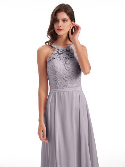 Avery Halter Illusion Lace Long Bridesmaid Dresses