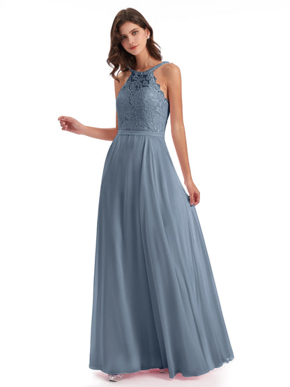 Avery Halter Illusion Lace Long Bridesmaid Dresses