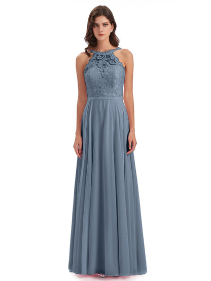 Avery Halter Illusion Lace Long Bridesmaid Dresses