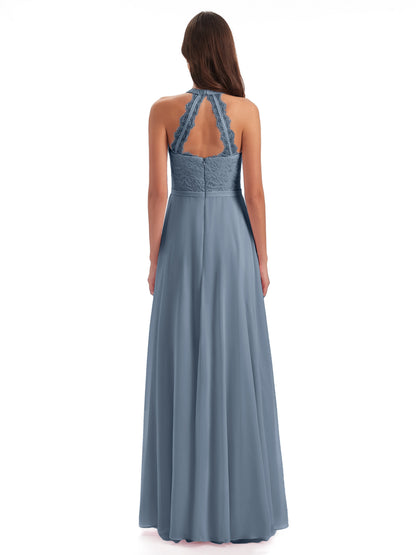 Avery Halter Illusion Lace Long Bridesmaid Dresses