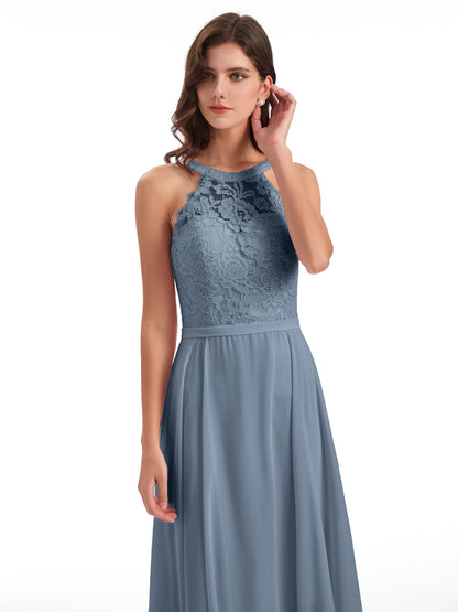 Avery Halter Illusion Lace Long Bridesmaid Dresses