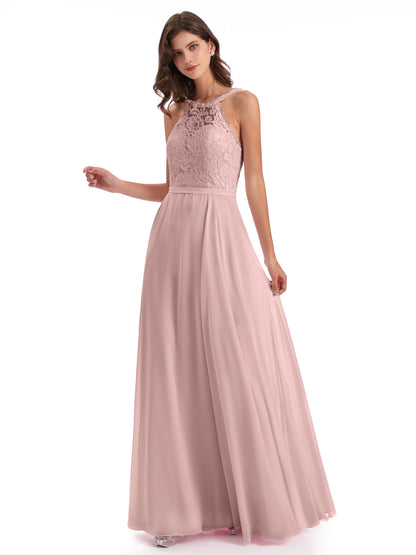 Avery Halter Illusion Lace Long Bridesmaid Dresses