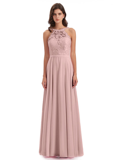 Avery Halter Illusion Lace Long Bridesmaid Dresses