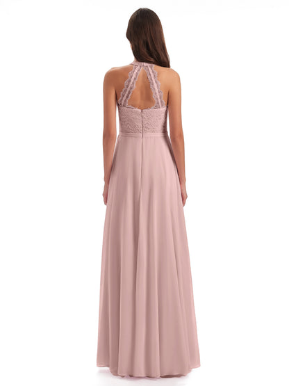 Avery Halter Illusion Lace Long Bridesmaid Dresses