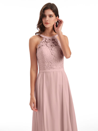 Avery Halter Illusion Lace Long Bridesmaid Dresses