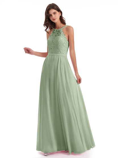 Avery Halter Illusion Lace Long Bridesmaid Dresses