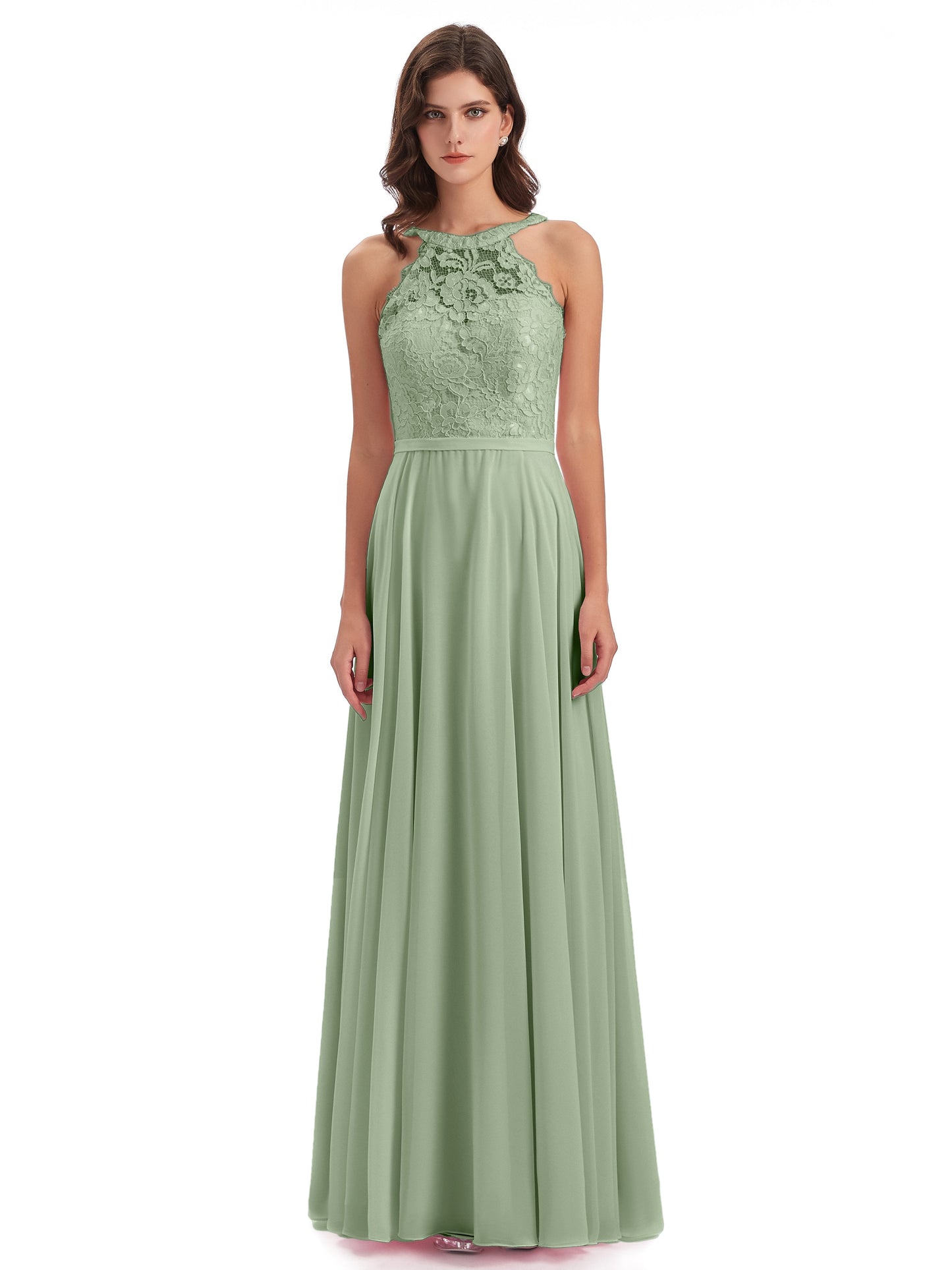 Avery Halter Illusion Lace Long Bridesmaid Dresses